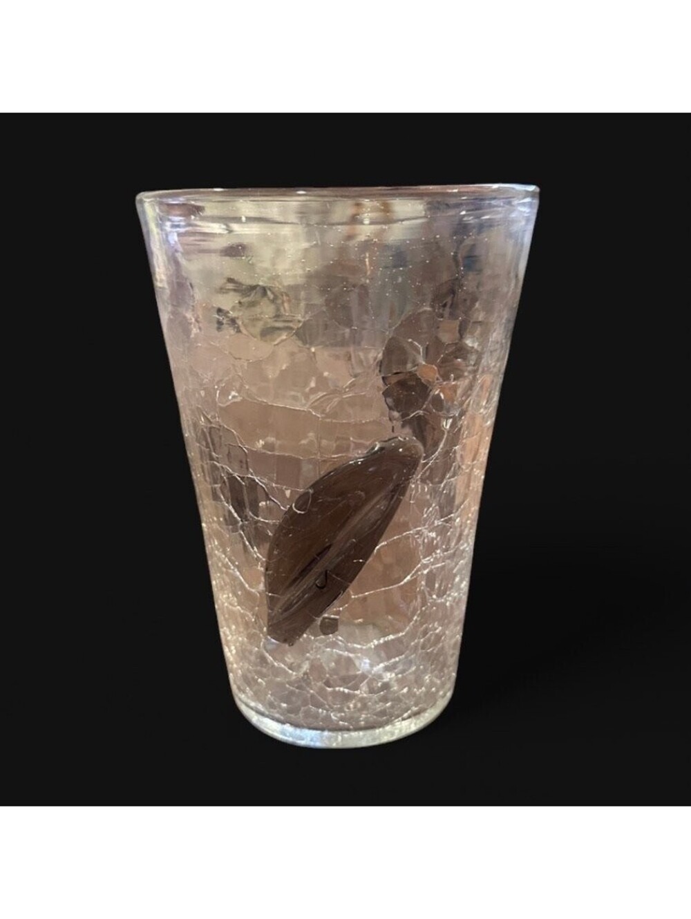 Vintage Blenko Crackle Glass Vase With Applied Amethyst Leaves